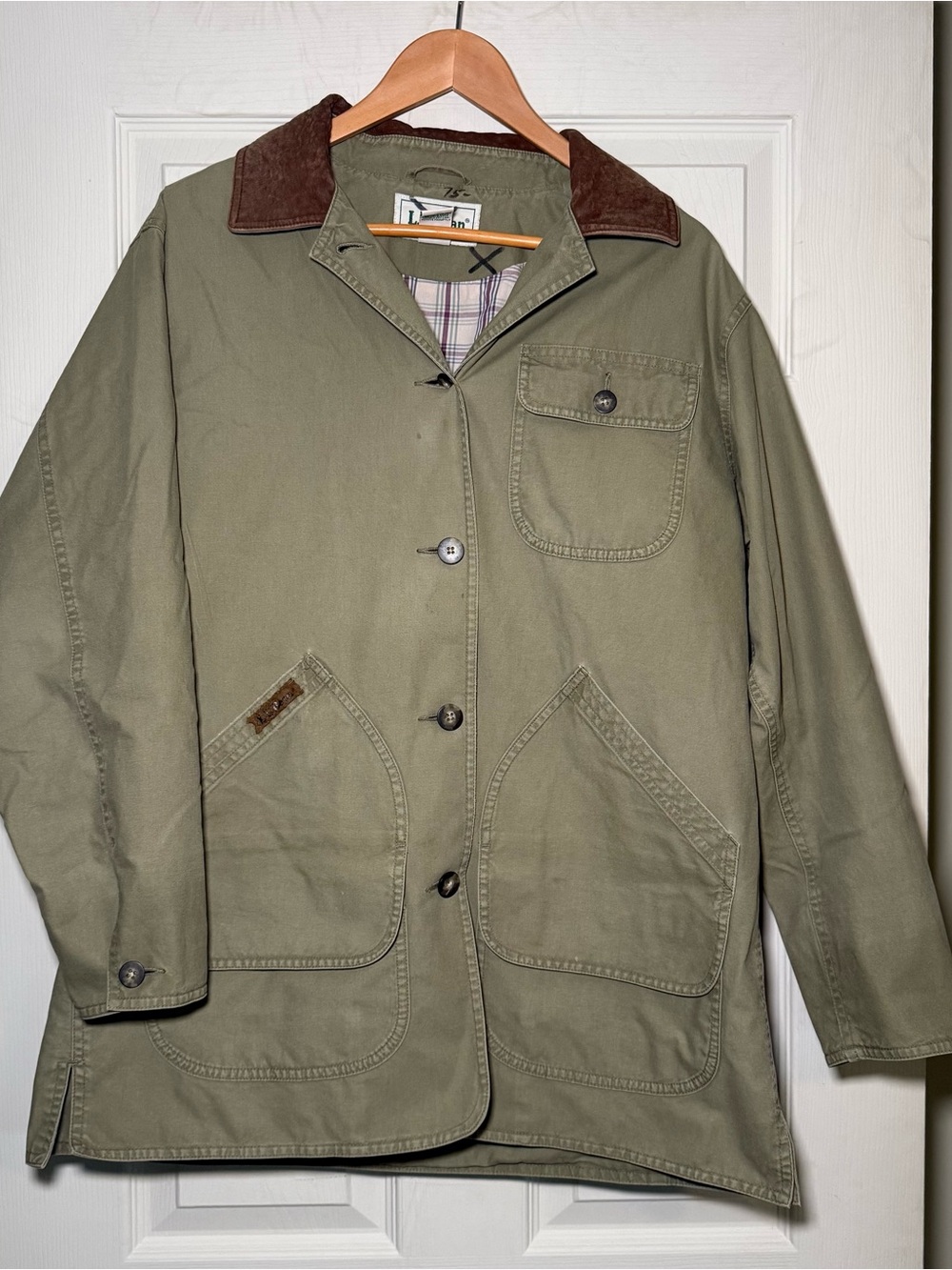 Vintage L.L.Bean Women's Barn Coat Leather Collar Plaid Lined Field Jacket M